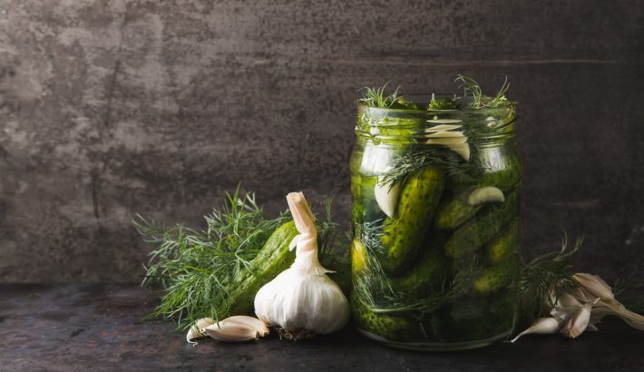 Pickled cucumbers in a glass jar